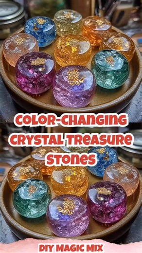 💎 Color-Changing Crystal Treasure Stones – DIY Magic Mix!🌈✨ 🎨 What You’ll Need: Clear resin (2-part craft resin) Small silicone molds (circle, gem, or cabochon shapes) Iridescent or color-shifting mica powder Crushed glass or faux crystal chips Gold leaf flakes ✨ Wooden stir sticks Disposable cups Gloves & table covering UV flashlight or sunlight (for the color-change effect!) 🪄 **How to Make It:** 1️⃣ Mix your resin according to the package directions, stirring slowly to avoid bubbles. 2️⃣ 
