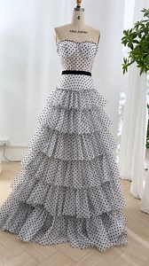Corset strapless black polka dot tiered dress. We always accept custom orders. #dress #gown #fashion #wedding #hautecoture #fashionblogger #longdress #fashiondesigner #bridal #bridalgown #weddingdress #elegant #custommade | Miss Jophiel