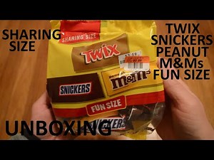 Unboxing Sharing Size Bag Of Fun Size Twix, Snickers, And Peanut M&Ms Candy