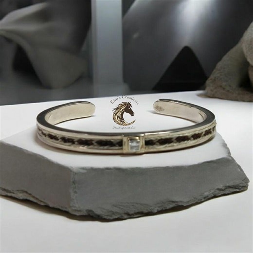 Sterling Silver Cuff Bracelet With Horsehair Braid Inlay and Diamond Rhinestone Accent - Etsy