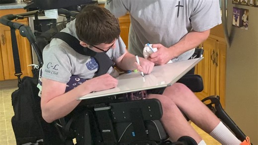 Mason Martin is home, learning to write again, stand and use his voice. Sunday will be one year since the Karns City quarterback was injured on the football field. His dad, Denny Martin, says Mason’s victories have been a blessing. Their story on Pgh’s Action News 4. #WTAE | Marcie Cipriani WTAE