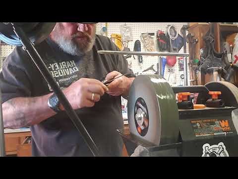 How to sharpen a knife for its 1st time. Using a Wen 10" wheel.