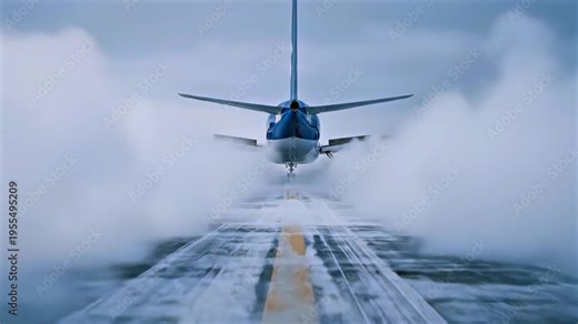 Airplane braking on snowy runway, jet decelerating with snow spray, emergency landing rollout on icy surface, aviation safety control during critical stopping maneuver in winter conditions