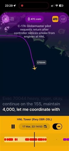 🔥Honolulu Tower reporting smoke off of all four engines of Globemaster C17A after takeoff.
