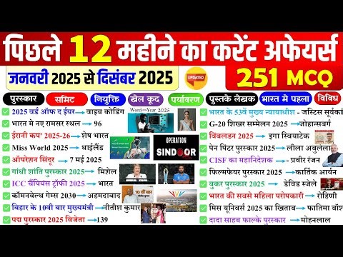 Last 12 Months Current Affairs 2025 | Jan 2025 To december 2025 | Important Current Affairs 2025