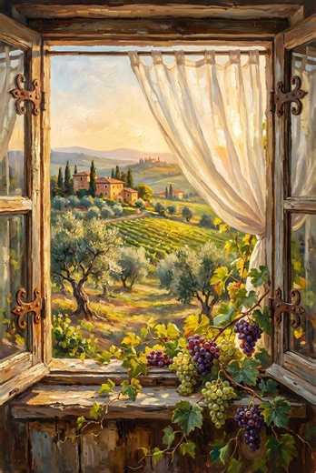 Tuscan Vineyard Window Wall Art Printable, Italian Landscape Oil Painting, Rustic Mediterranean Decor - Etsy