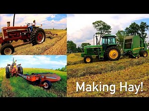 Red and Green Machines cutting raking baling hay | Vintage Farm Equipment