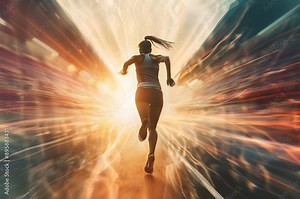 woman runs energetically in a dynamic high intensity running motion.