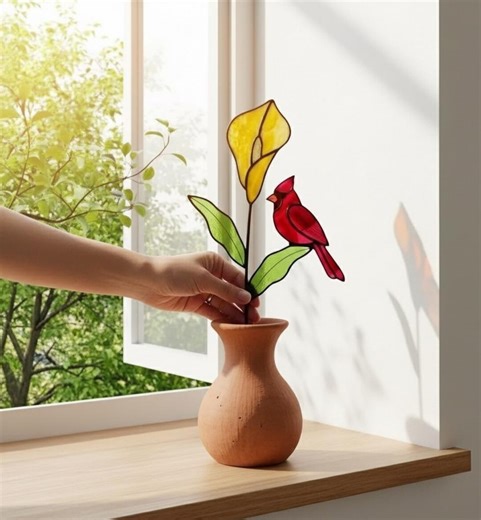 Stained Glass Cardinal Calla Lily Suncatcher, Handcrafted Bird Flower Window Art - Etsy