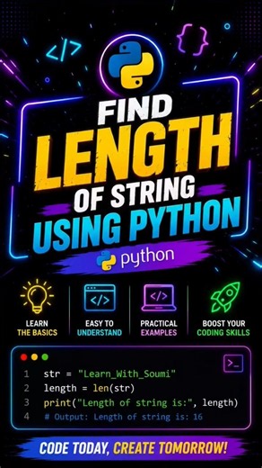 Find Length of String using Python|#pythonprogramming #learnwithsoumi#shorts #python #lengthofstring