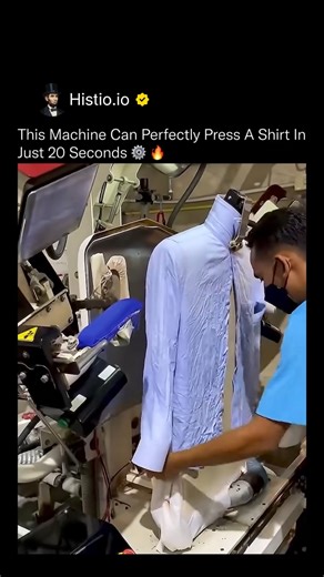 HISTIO on Instagram: "A perfectly pressed dress shirt in **under 20 seconds** sounds impossible — but industrial laundry machines make it routine. 👔⚙️ The shirt is first blasted with superheated steam, relaxing the fabric fibers at a microscopic level. Then compressed air expands the garment into shape while heated molds lock everything into place. Controlled pressure and temperature work together so evenly that wrinkles don’t stand a chance. By the time the molds open, the shirt looks factory-