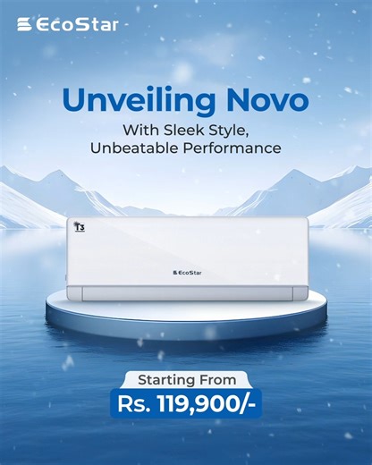 Sleek. Smart. Powerful. Presenting EcoStar Novo series crafted with a refined aesthetic and powered by T3 performance for uncompromised cooling. With a 5-Step Power Limit feature controlled right from the remote, comfort is always in your hands. Get ultimate cooling starting at PKR 119,900 #EcoStar #Ario #Novo #GenuineT3 #PowerfulCooling | EcoStar