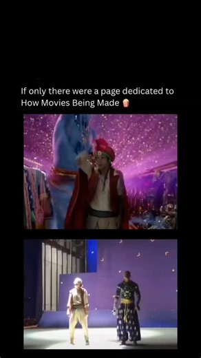bloopers on Instagram: "In Aladdin, the Genie towers behind Aladdin during a magical transformation scene filled with color and motion. The moment feels larger than life, blending fantasy and performance. On screen, the blue figure moves fluidly, reacting instantly, creating the illusion of a powerful supernatural being guiding the story forward visually beautifully. Behind the scenes, Will Smith performed on a motion capture stage alongside Aladdin. Wearing a capture suit, his movements, timing