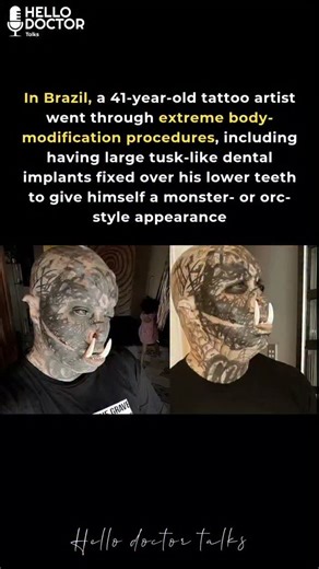 Hello Doctor Talks on Instagram: "A 41-year-old Brazilian tattoo artist who goes by the nickname “Orc” went viral after undergoing extreme body-modification procedures, including having large tusk-like dental implants fixed over his lower teeth to give himself a monster- or orc-style appearance, covering around 80% of his body with tattoos, tattooing his eyeballs black, splitting his tongue, placing subdermal implants under his skin, and reshaping his ears to look pointed; reports say he spent a
