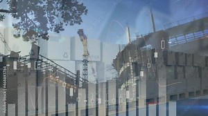 Animation of statistics processing over stack of cardboard boxes and construction site