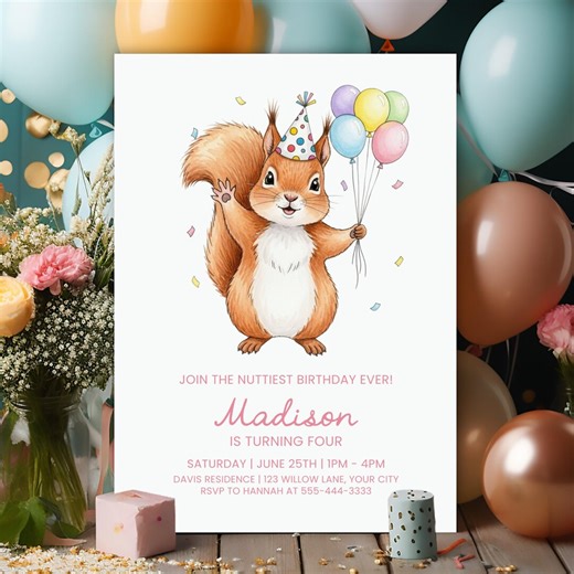 Squirrel Birthday Invitation Template, Cute Critter Party Invite, Balloons and Confetti, DIY Corjl Editable Template - Etsy