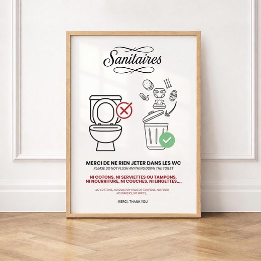 Affiche WC à imprimer : Ne rien jeter dans les Toilettes, en français et anglais, Airbnb, Poster Minimaliste pour WC et Salle de Bain - Etsy France