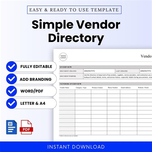 Simple Vendor Directory Template – Word & PDF, A4   US Letter - Etsy