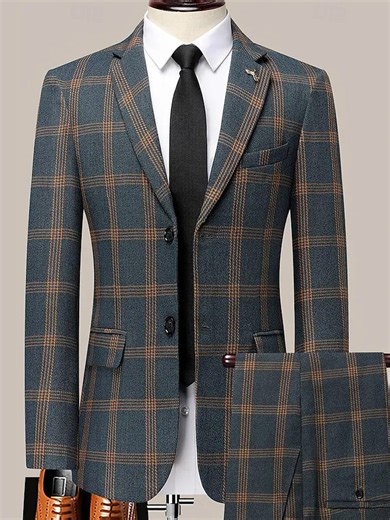 Men's Business Business Suits Notch Lapel Dusty Blue Plaid Slim Fit 3 Piece 2025