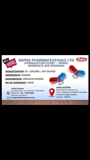 Freshers Job, Degree, Diploma and ITI #Pharmaceutical #Chennai