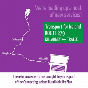 Bus Éireann's Route 279 serves areas from Killarney to Tralee, with 12 return trips Monday to Saturday & 11 return trips on Sunday. Save 50% on fares to MTU Tralee using your TFI Young Adult/Student Leap Card. See https://buseireann.ie/Route279 @TransportForIreland #ConnectingIreland | Bus Éireann