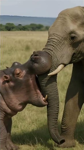 Hippo Bites Elephant’s Trunk! A Battle for Survival!#hippo #elephant #savanna #wildlife #reallife