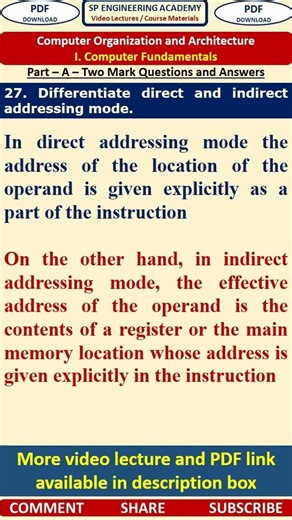 27CO1 Computer Organization - Part - A Questions - Differentiate direct and indirect addressing mode
