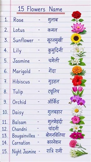 15 Flowers Name in English and Hindi | Flower Names for Kids | फूलों के नाम