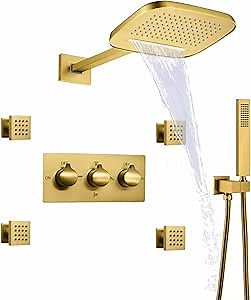 Brushed Gold Waterfall Rain Shower Head Sytem with Body Jets and Handheld,DULABRAHE Bathroom Luxury Shower Combo Set