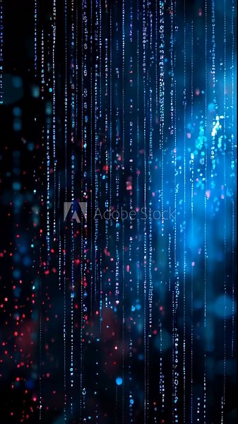 Digital rain of code, Blue matrix style binary streams depicting data flow and cyber security concept, abstract vertical background, seamless loop.