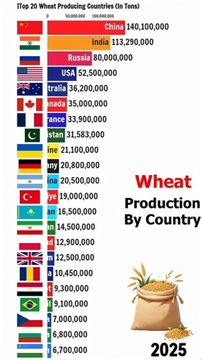 Top Wheat Producing Countries 1990-2025 (In Tons)