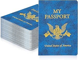 30 Blank Passport Books Travel Journal - Blue Passport Notebook for Kids, Includes Stickers & Stamps for School Theme Party & World Travel Pretend Activity