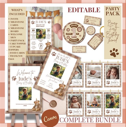 Editable Beary First Birthday Party Pack, Teddy Bear Theme (digital Download) - Etsy