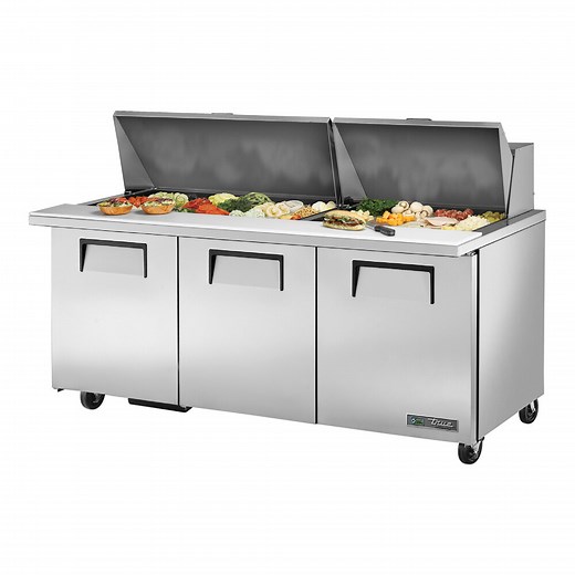 True TSSU-72-30M-B-ST-HC 72 3/8" Mega Top ADA Height Refrigerated Sandwich Prep Table with Three Doors