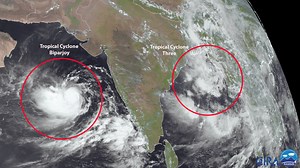 1.1K views · 70 reactions | A view from Europe's Meteosat-9 satellite satellite this morning is showing two tropical cyclones spinning near India—Biparjoy over the Arabian Sea and Three over the Bay of Bengal. Latest: metoc.navy.mil/jtwc/jtwc.html | NOAA Satellite and Information Service | Facebook