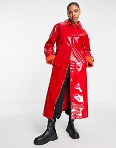 Missguided vinyl formal coat with faux fur cuff in red | ASOS