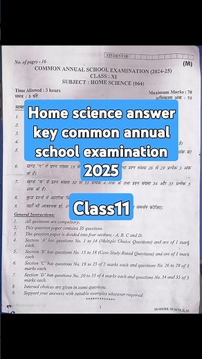 claas 11 Home science answer key cbse final exam 2025