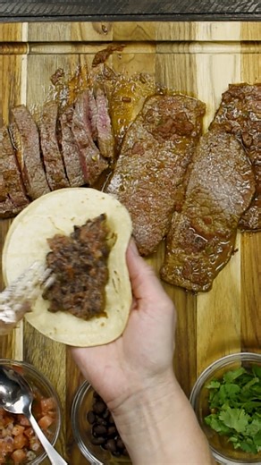 Try our Beef Steak & Black Bean Soft Tacos! This steak taco recipe gets extra flavor from a black bean and salsa paste and fresh toppings. This Beef. It's What's For Dinner recipe is certified by the American Heart Association®. Ingredients: 1 pound beef Bottom Round Steaks, cut 1/4 inch thick 1 cup salsa, divided 2 teaspoons chile powder 1-1/2 teaspoons ground cumin, divided 1 can (15 ounces) no-salt added black beans 8 small corn tortillas (5 to 6-inch diameter), warmed 1 cup diced tomatoes 1/