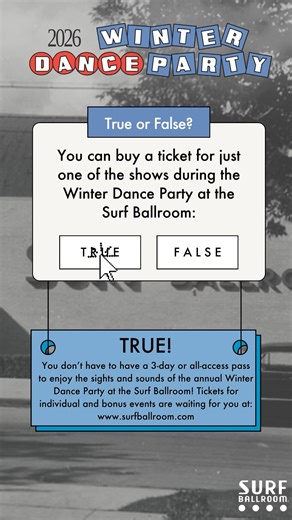 There’s more happening during Winter Dance Party than you might think. From bonus events to individual shows, every night brings something special—giving you the freedom to choose how you want to experience this legendary weekend. Get your tickets here: https://www.tixr.com/groups/surfballroom/events/2026-winter-dance-party-161611 | Surf Ballroom & Museum