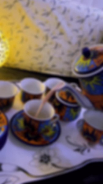 Ceramic Blue Pottery Tea Set with Sunflower Design