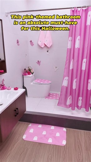 This pink‑themed bathroom is perfect for girls. It’s so adorable! Way better than those generic black‑themed bathrooms everyone uses! #cute #falldecor #halloweenfinds #bathroomdecor #falldecorideas