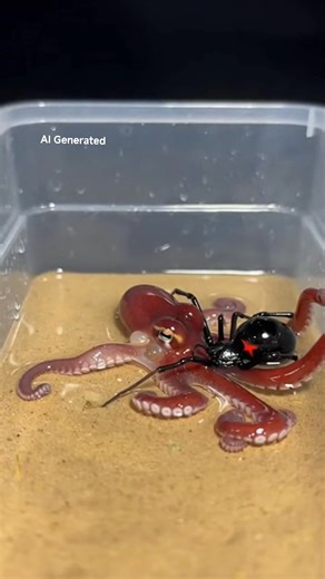 Depths Meet Shadows A calm, imaginative scene where an octopus drifts into the shadowy space of a black widow spider. The focus is on contrast, mystery, and gentle visual storytelling rather than action. ⚠️ AI Generated simulation for educational and creative purposes. No real animals or insects were harmed. #Octopus #BlackWidow #NatureMood #CreativeReels #AIContent | Insect Planet