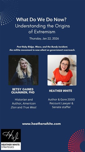 Historian, author & Extremism expert Betsy Gaines Quammen, PhD on the militia movement and its silence during what’s happening with ICE. Please note that this conversation was from Thursday, January 22 - before the killing of another person by ICE this weekend. Tune into the whole conversation to understand more about the origins of extremism and what we do now. We discussed systemic racism, the lawless actions masked of ICE agents, how we got here, and what we do now. Link to the conversation a