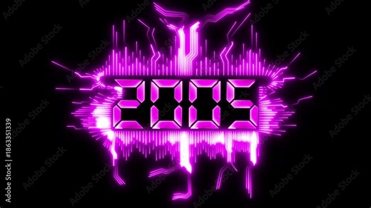 animated happy new year 2005 greeting with futuristic neon style fireworks and black background. Stock Video