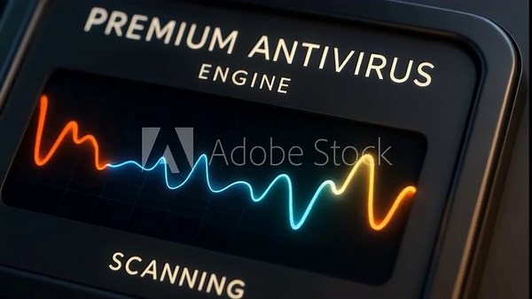 Premium antivirus engine scanning with colorful waveform display digital screen showing advanced security technology, active protection, and cybersecurity software for malware detection and protection