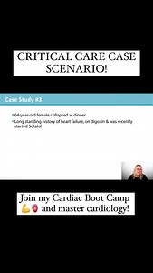 🚨CASE SCENARIO TIME!🚨 To go over more case scenarios and master cardiology, join my Cardiac Boot Camp! An on demand course. On sale now for 30% off! ⏰ THIS WEEK ONLY!⏰ This course sets the foundation and provides a review of the care of patients with various cardiovascular diseases. A focus is made on cardiac physiology & assessment, cardiovascular medications, heart failure management, acute coronary syndrome, valvular dysfunction and updates in cardiac arrest. This course is perfect for nurs