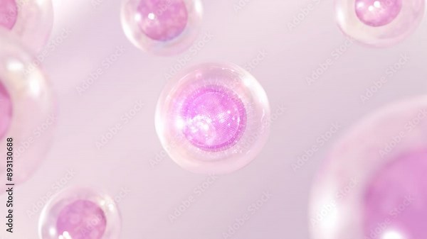 3D animation Cosmetics many atoms floating in droplets. Design of collagen bubbles. Design for a moisturizing cream and serum. Concept of vitamins for beauty and health