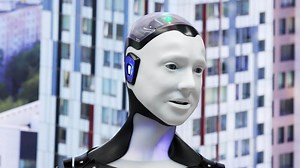 Humanoid robot speaking with city background. Media