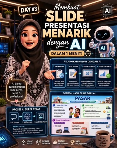 🚀 DAY #3 | 30 Hari AI untuk Guru Masih membuat slide presentasi yang penuh tulisan? Sekarang, cukup screenshot materi, upload ke ChatGPT, lalu gunakan prompt yang tepat. Dalam hitungan detik, AI akan membantu mengubahnya menjadi konsep slide yang lebih menarik. Selanjutnya, tinggal pindahkan hasilnya ke Canva untuk menambahkan animasi, ikon, ilustrasi, dan sentuhan akhir agar presentasi semakin profesional. ✨ Cocok untuk guru SD, SMP, maupun SMA. Dengan cara ini, membuat media pembelajaran jadi