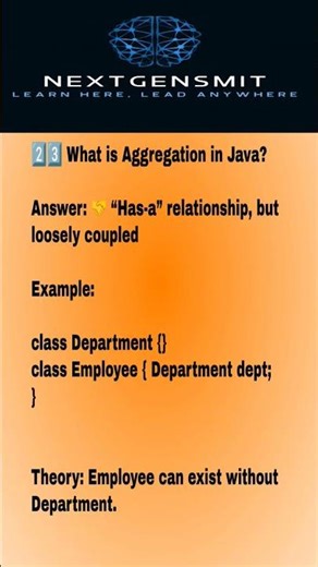 Aggregation in Java.#Java #JavaDeveloper #Programming #LearnJava #CodingShorts #JavaInterview #code